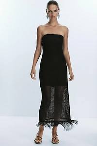 FRINGED STRAPLESS MIDI DRESS