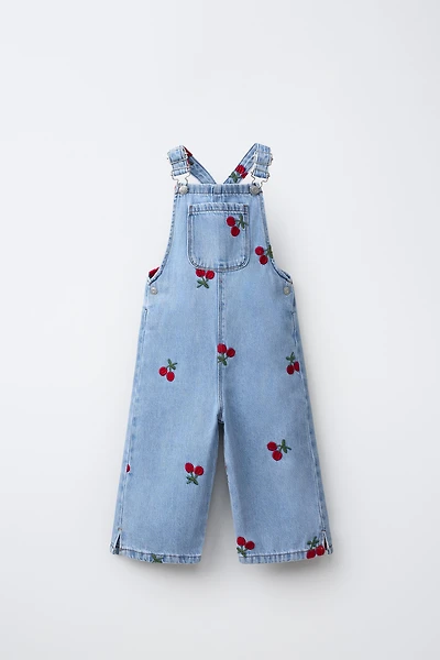 EMBROIDERED CHERRY DENIM OVERALLS