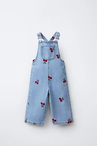 EMBROIDERED CHERRY DENIM OVERALLS