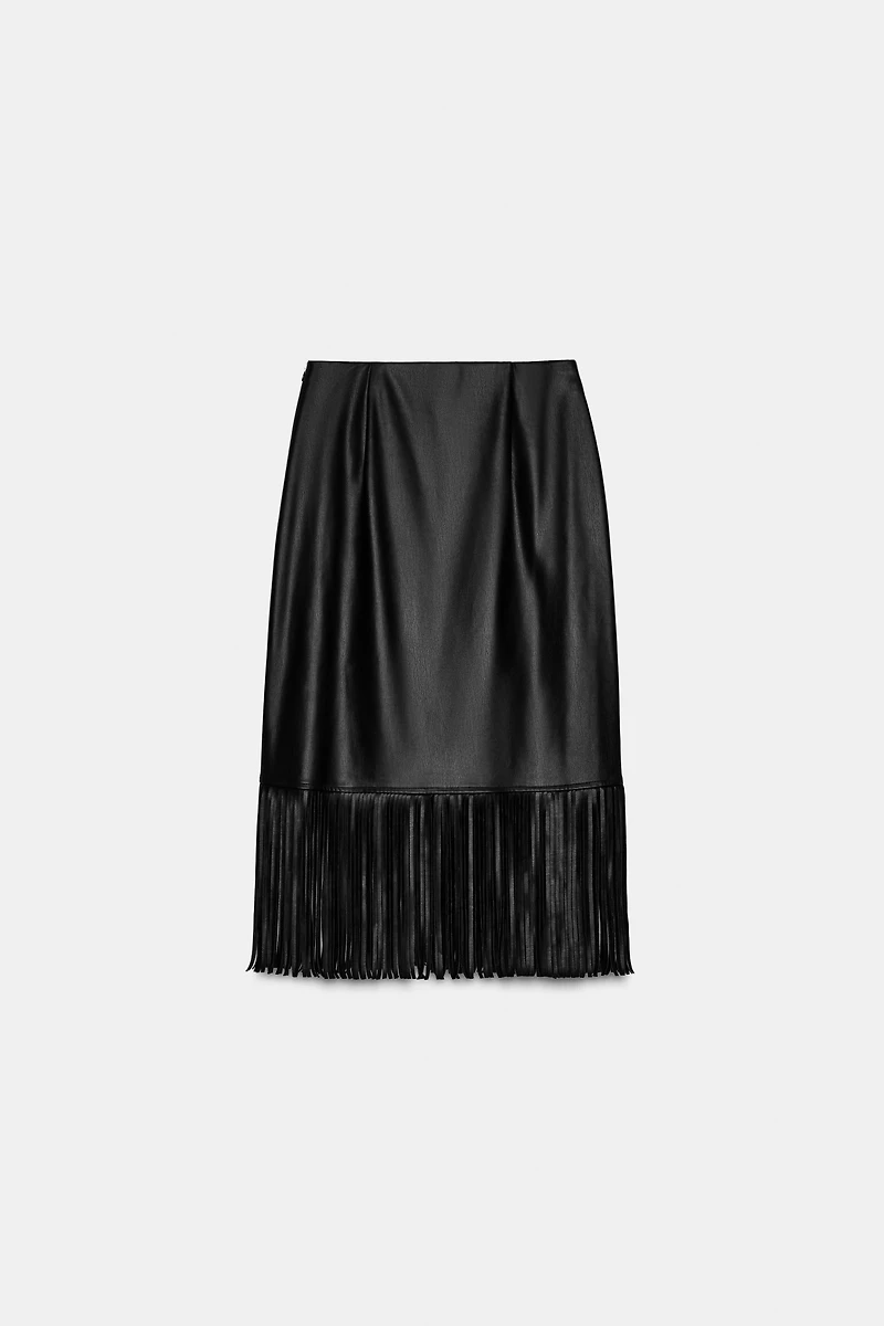 FAUX LEATHER FRINGED MIDI SKIRT