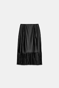 FAUX LEATHER FRINGED MIDI SKIRT