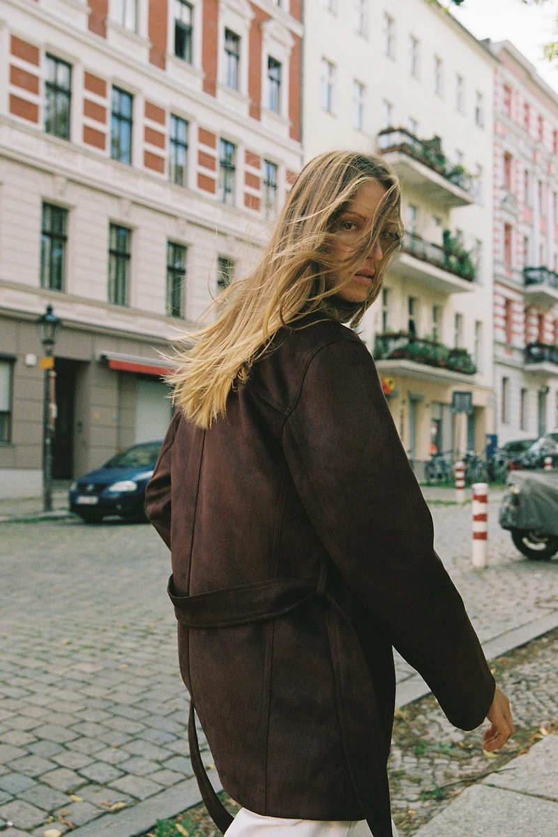 BELTED FAUX SUEDE JACKET