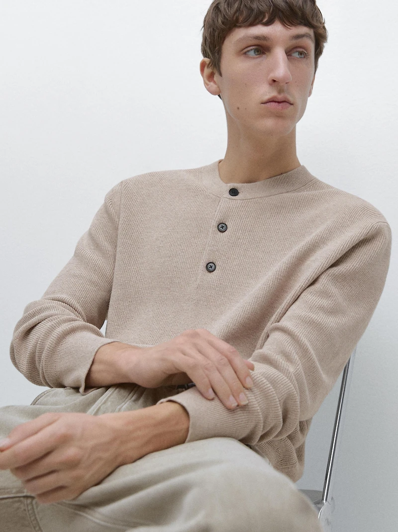 100% cotton knit henley sweater