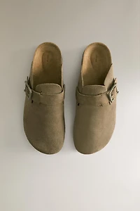 LEATHER MULE CLOG SLIPPERS WITH BUCKLE AND TOPSTITCHING DETAIL