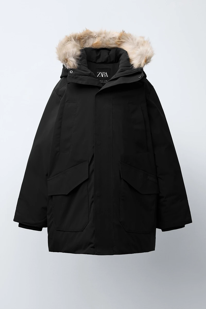 LONG FEATHER DOWN WATER REPELLENT PUFFER COAT WITH DETACHABLE FAUX FUR HOODIE