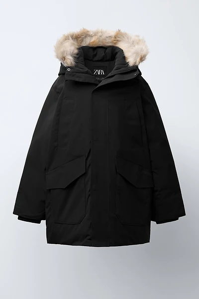 LONG FEATHER DOWN WATER REPELLENT PUFFER COAT WITH DETACHABLE FAUX FUR HOODIE