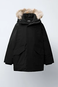 LONG FEATHER DOWN WATER REPELLENT PUFFER COAT WITH DETACHABLE FAUX FUR HOODIE