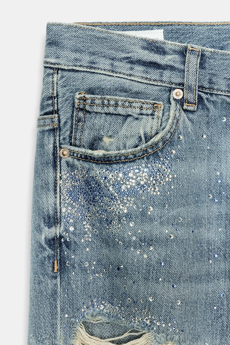 TRF RIPPED WIDE LEG RHINESTONE JEANS