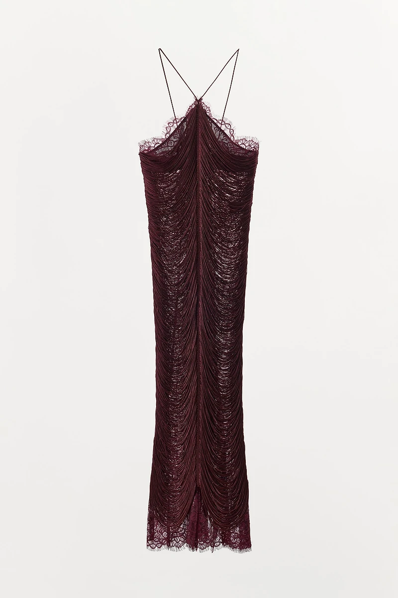 FRINGED LACE HALTER DRESS