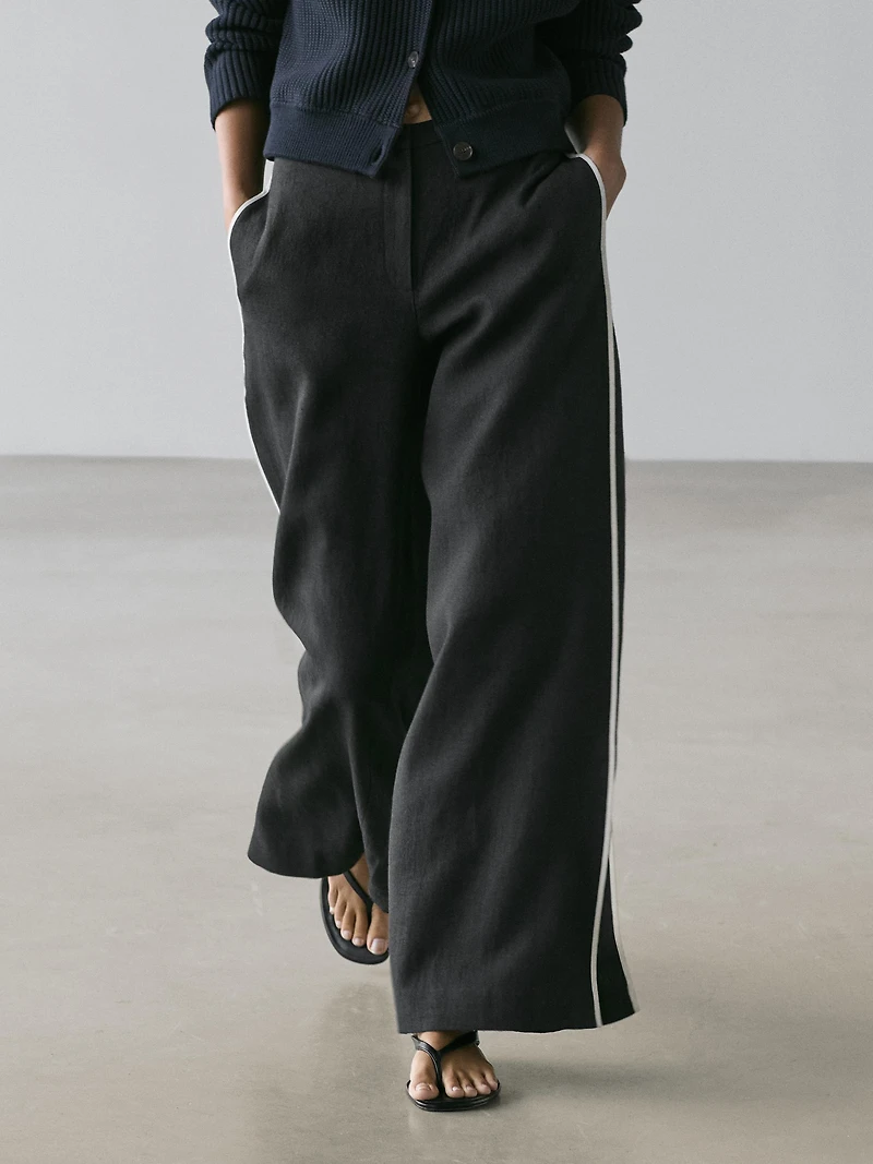 Pantalon en lin à ganse contrastée