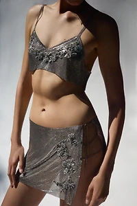 BEADED FLORAL MESH MINI SKIRT