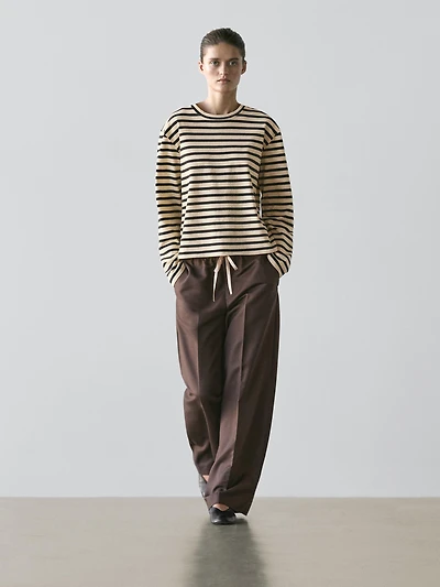 Wool blend contrast drawstring trousers