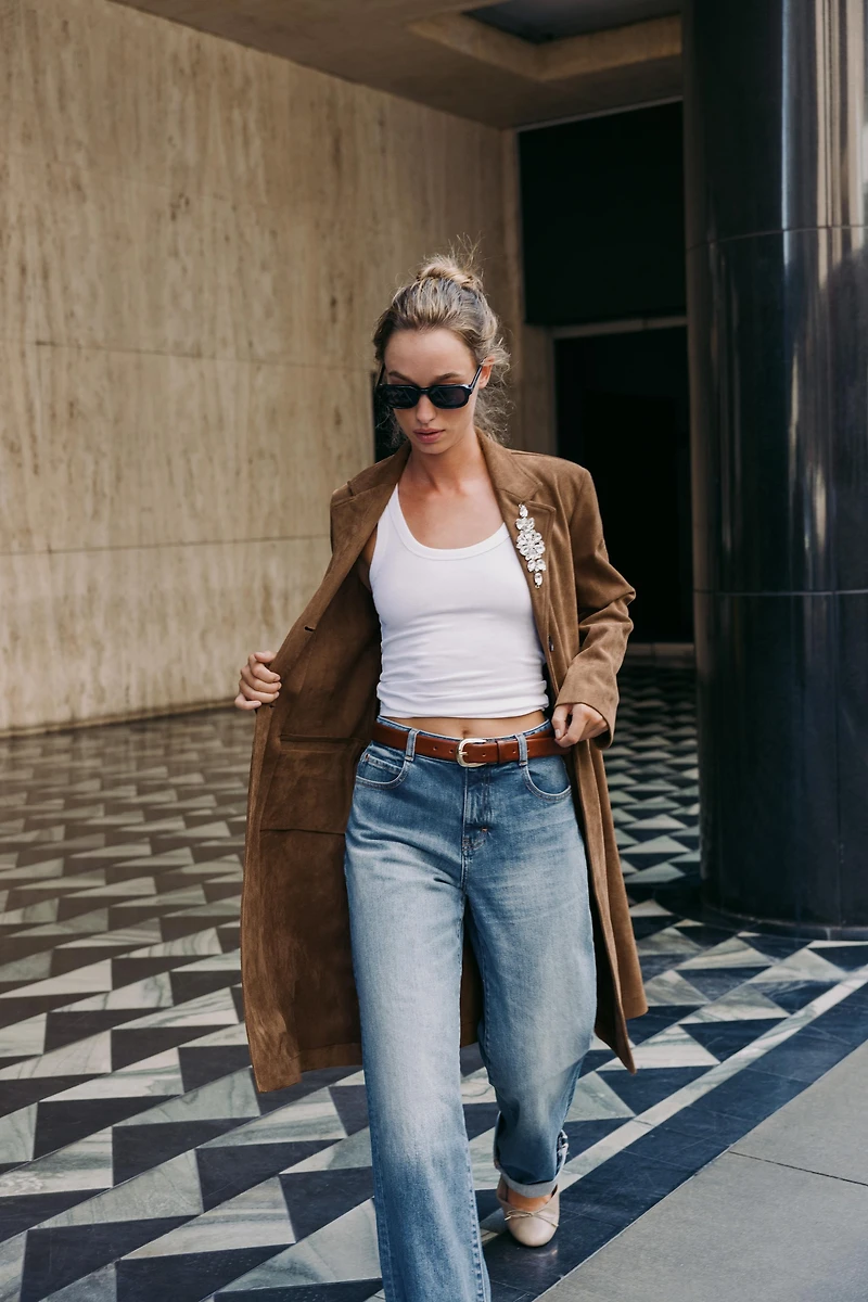 MANTEAU VESTE LONGUE EFFET DAIM FERMOIR