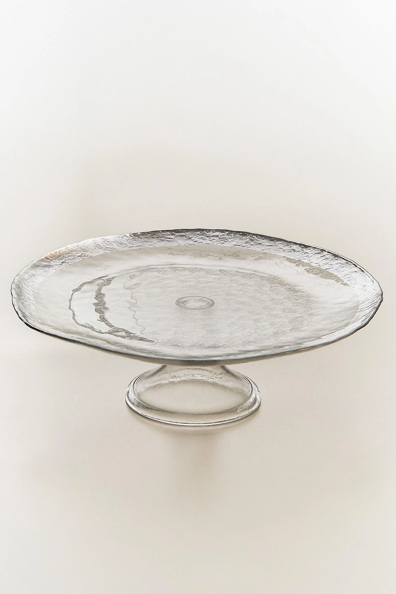 RAISED DESIGN GLASS SERVING DISH WITH SILVER RIM