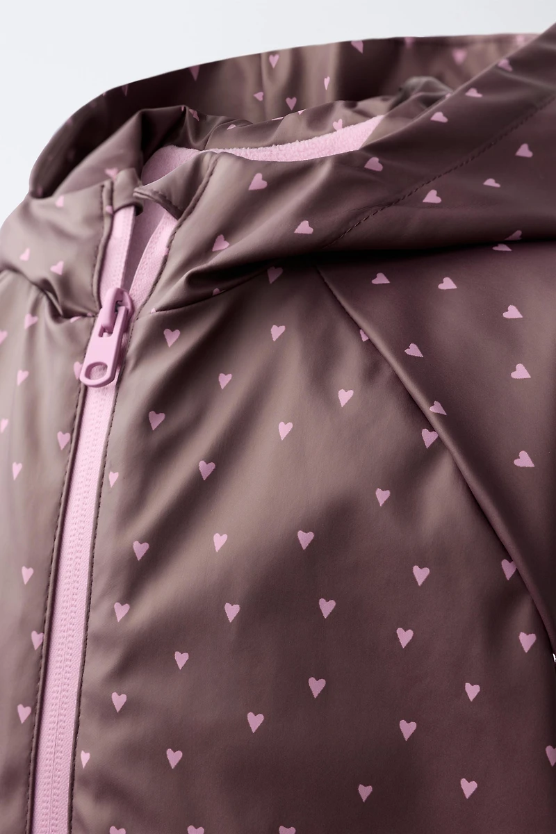 WATER-RESISTANT HEART PRINT RUBBERIZED RAINCOAT