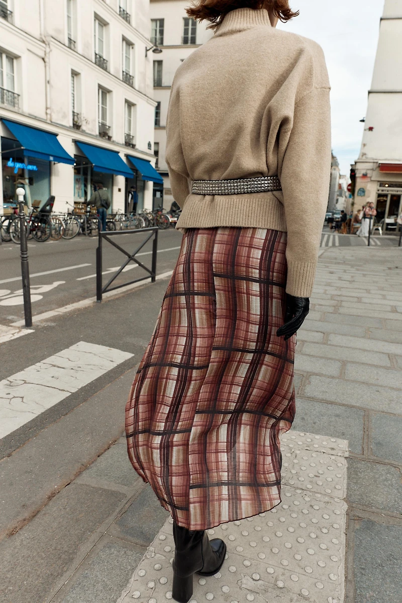 PLAID WRINKLED EFFECT MIDI SKIRT