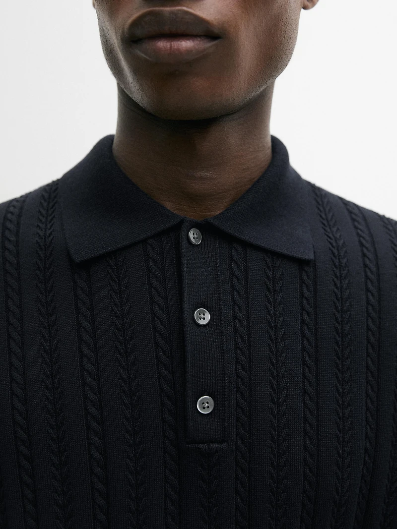Cotton blend cable-knit polo sweater