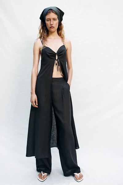 STRAIGHT LEG LINEN PANTS WITH LACE TRIM