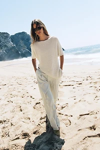 WIDE STRIPED BELTED PANTS