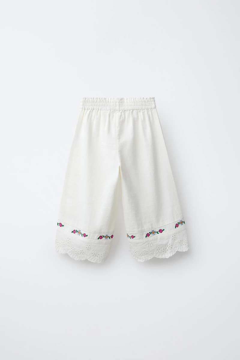 EMBROIDERED FLORAL COTTON AND LINEN CULOTTES
