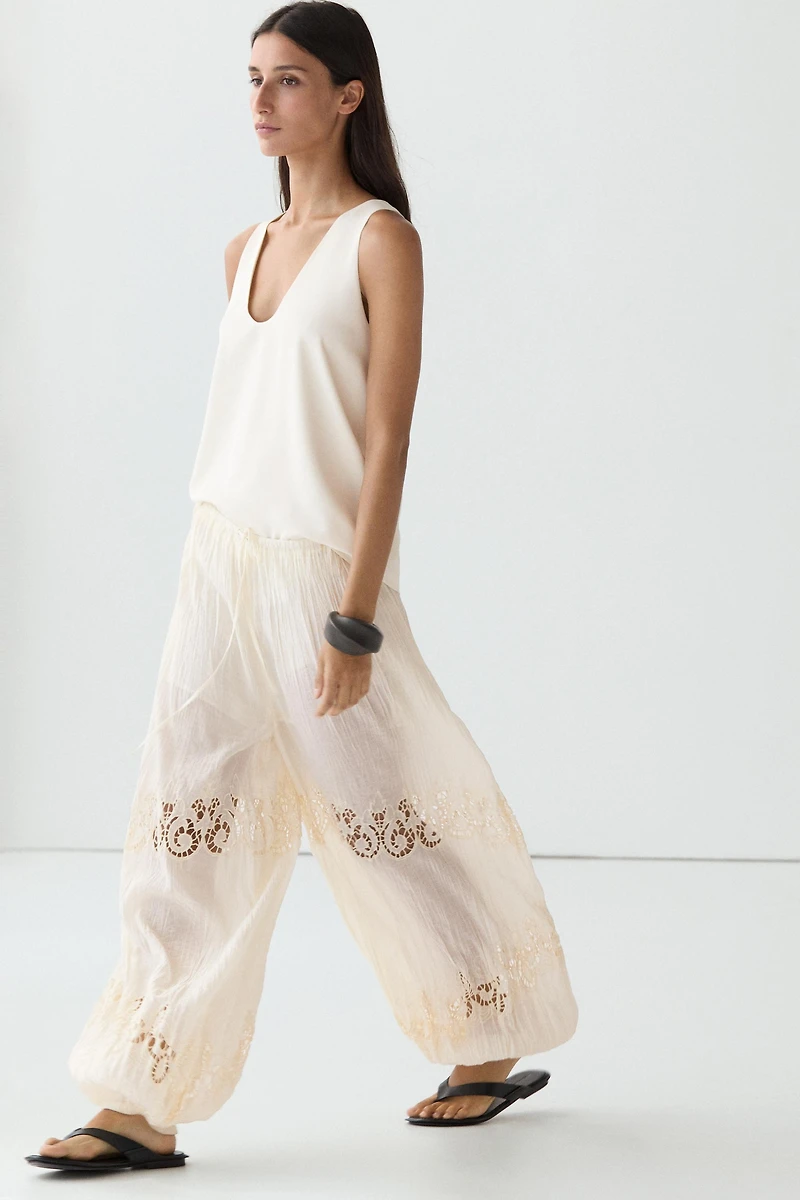 Flowing sarouel trousers with embroidered detail