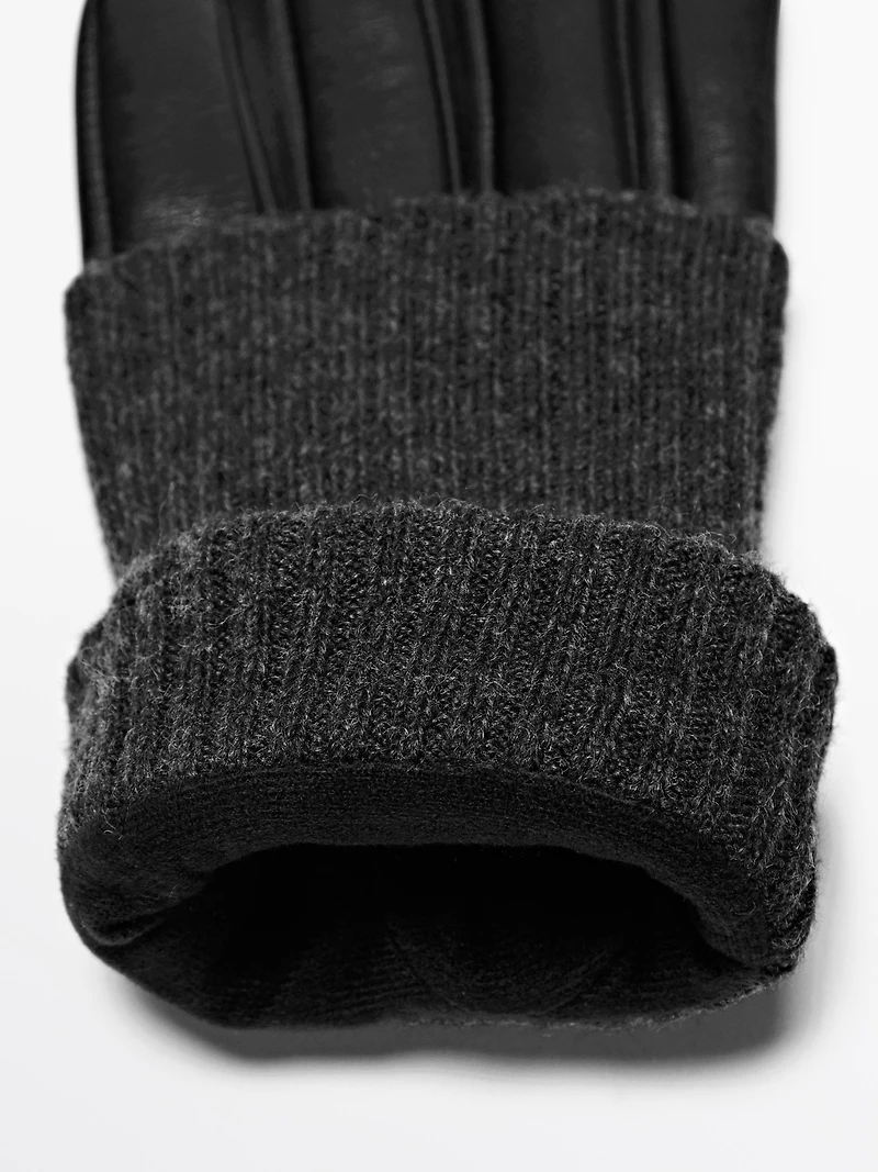 Gants bi-matière en cuir nappa et maille