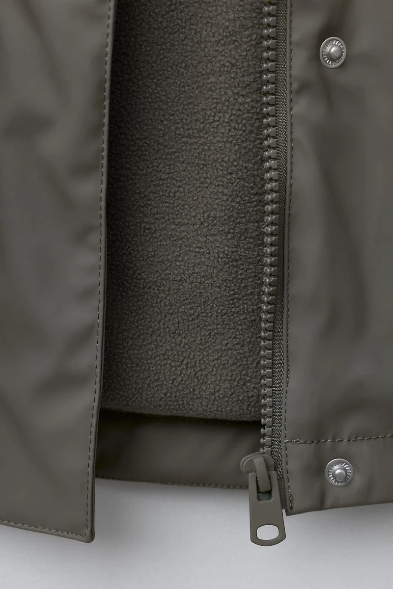 WATER-RESISTANT RUBBERIZED FLEECE-LINED RAINCOAT