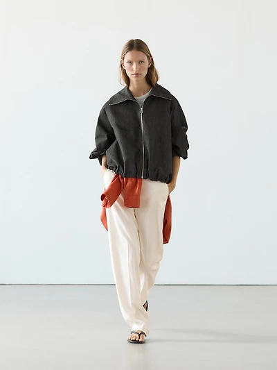 Linen blend bomber jacket