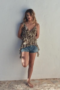 PRINTED TULLE RUFFLE TOP