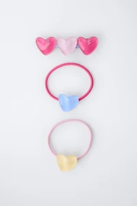 PACK OF HEART BARRETTE AND HAIR TIES