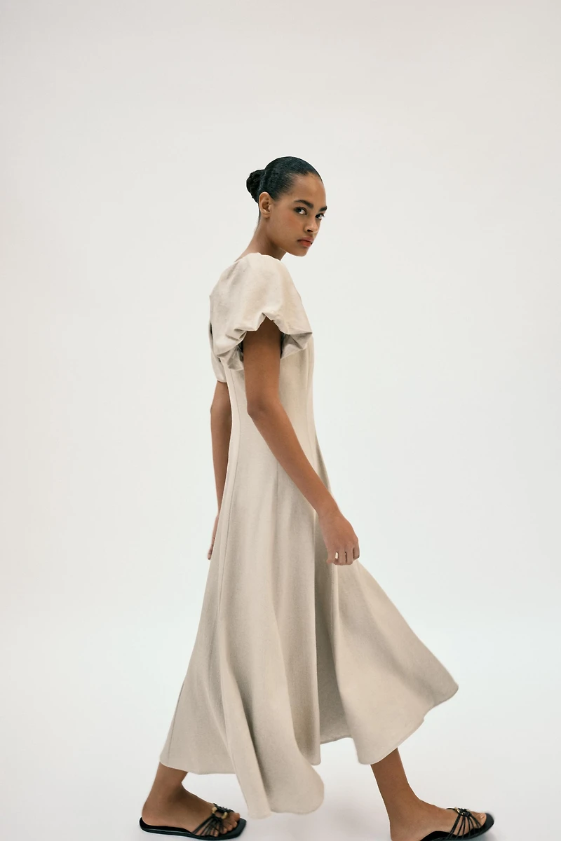LINEN BLEND PUFF SLEEVE MIDI DRESS
