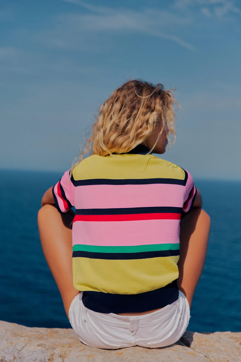 STRIPED KNIT POLO TOP