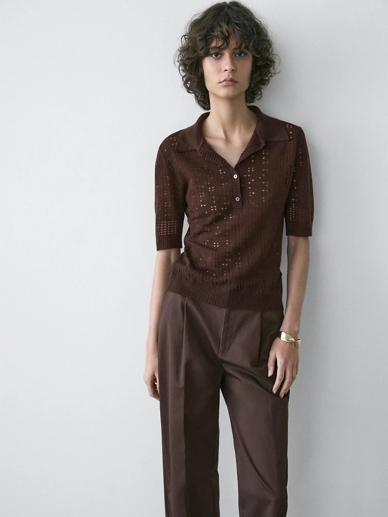 Short sleeve wool blend knit polo shirt
