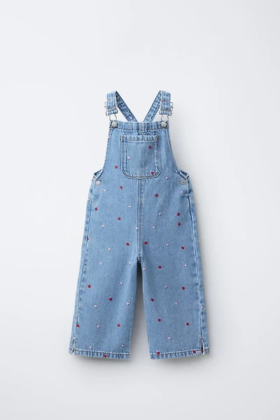 EMBROIDERED HEART DENIM OVERALLS