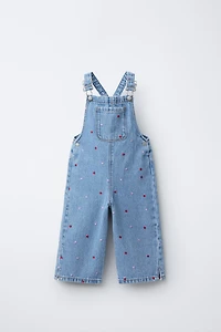 EMBROIDERED HEART DENIM OVERALLS