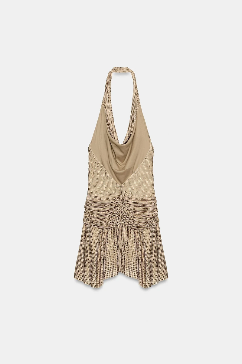 SPARKLY DRAPED HALTER MINI DRESS