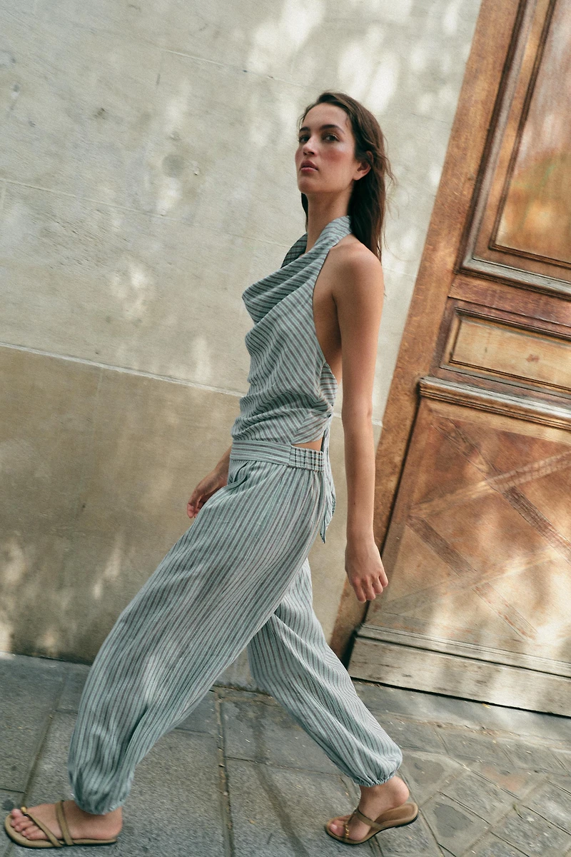 STRIPED LINEN HALTER JUMPSUIT