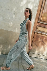 STRIPED LINEN HALTER JUMPSUIT