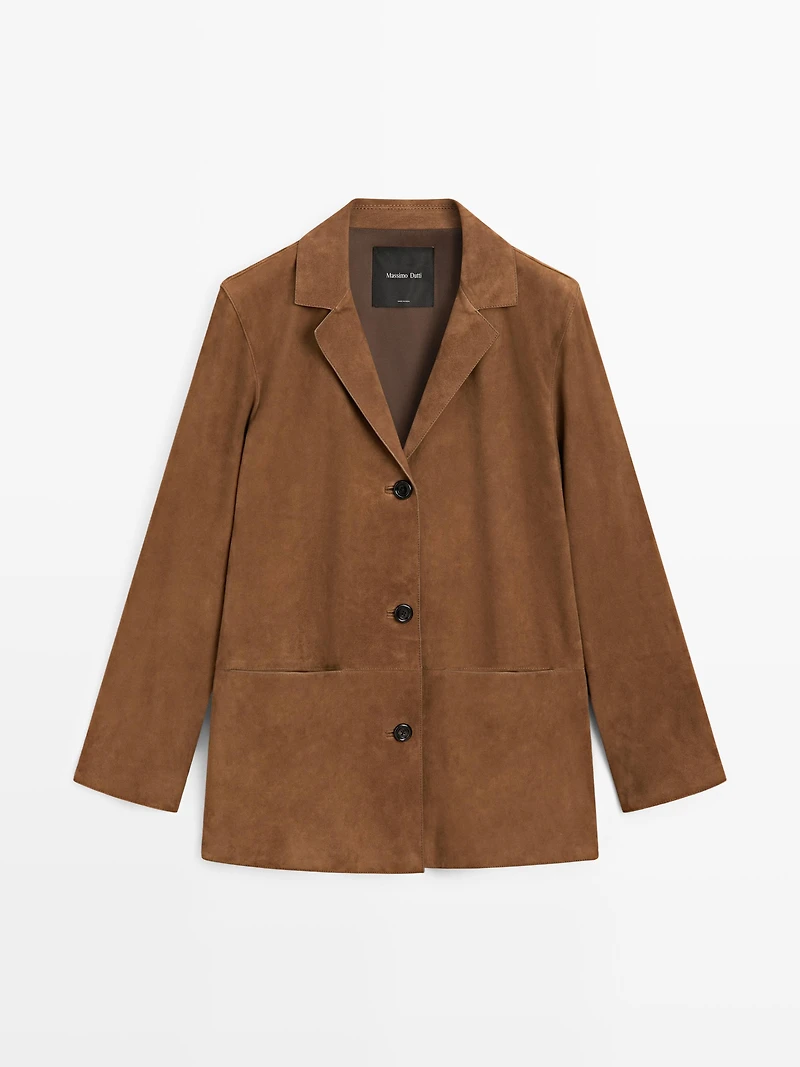 100% suede leather blazer with lapel collar