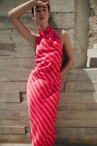 STRIPED SATIN HALTER TOP