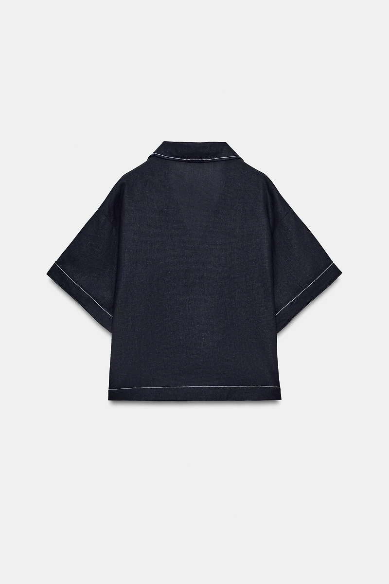 CONTRAST TOPSTITCHED LINEN SHIRT