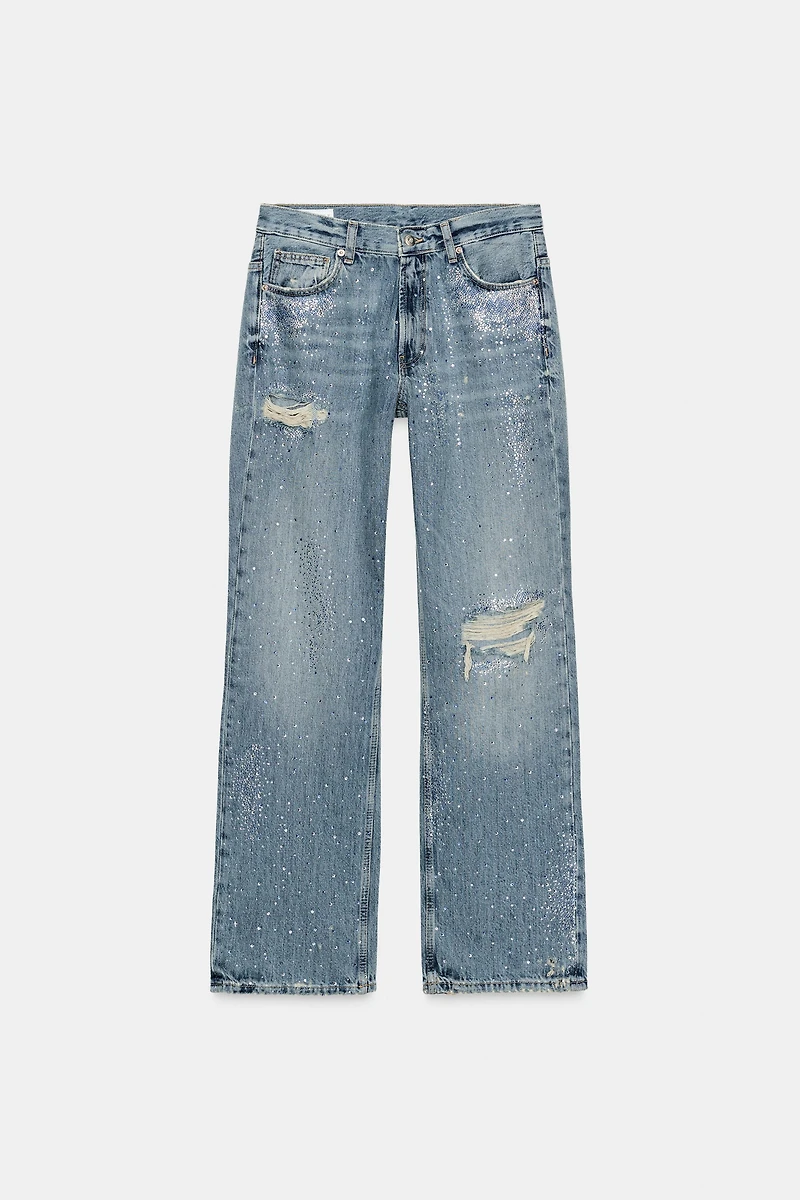 TRF RIPPED WIDE LEG RHINESTONE JEANS