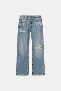 TRF RIPPED WIDE LEG RHINESTONE JEANS