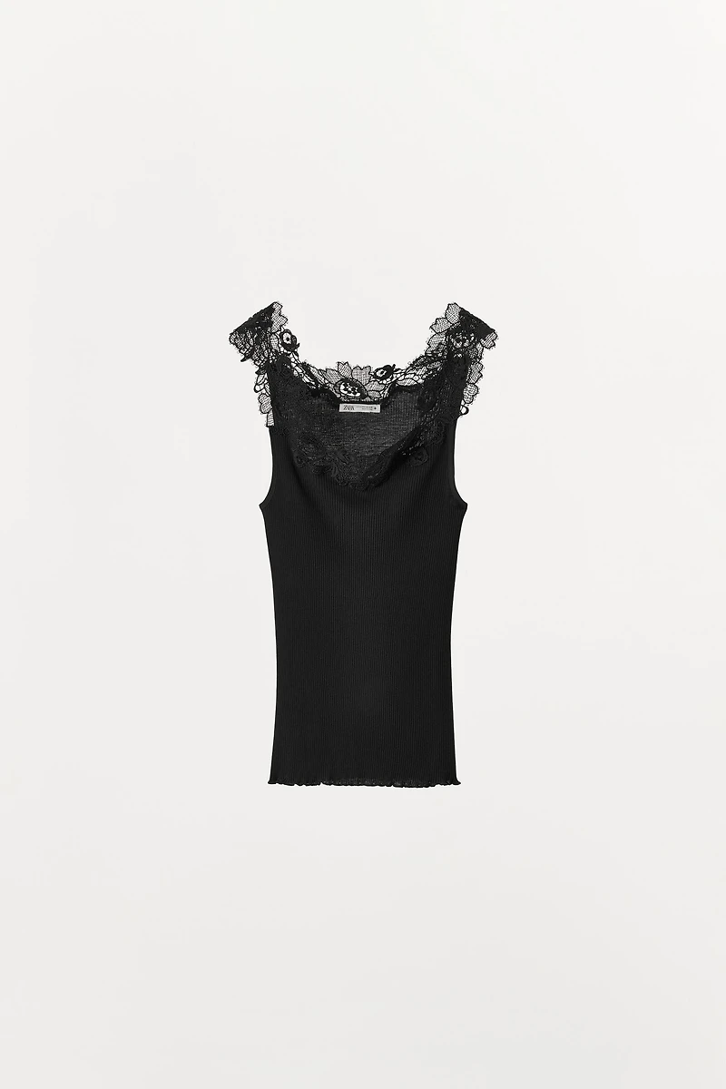 RIB KNIT LACE TOP