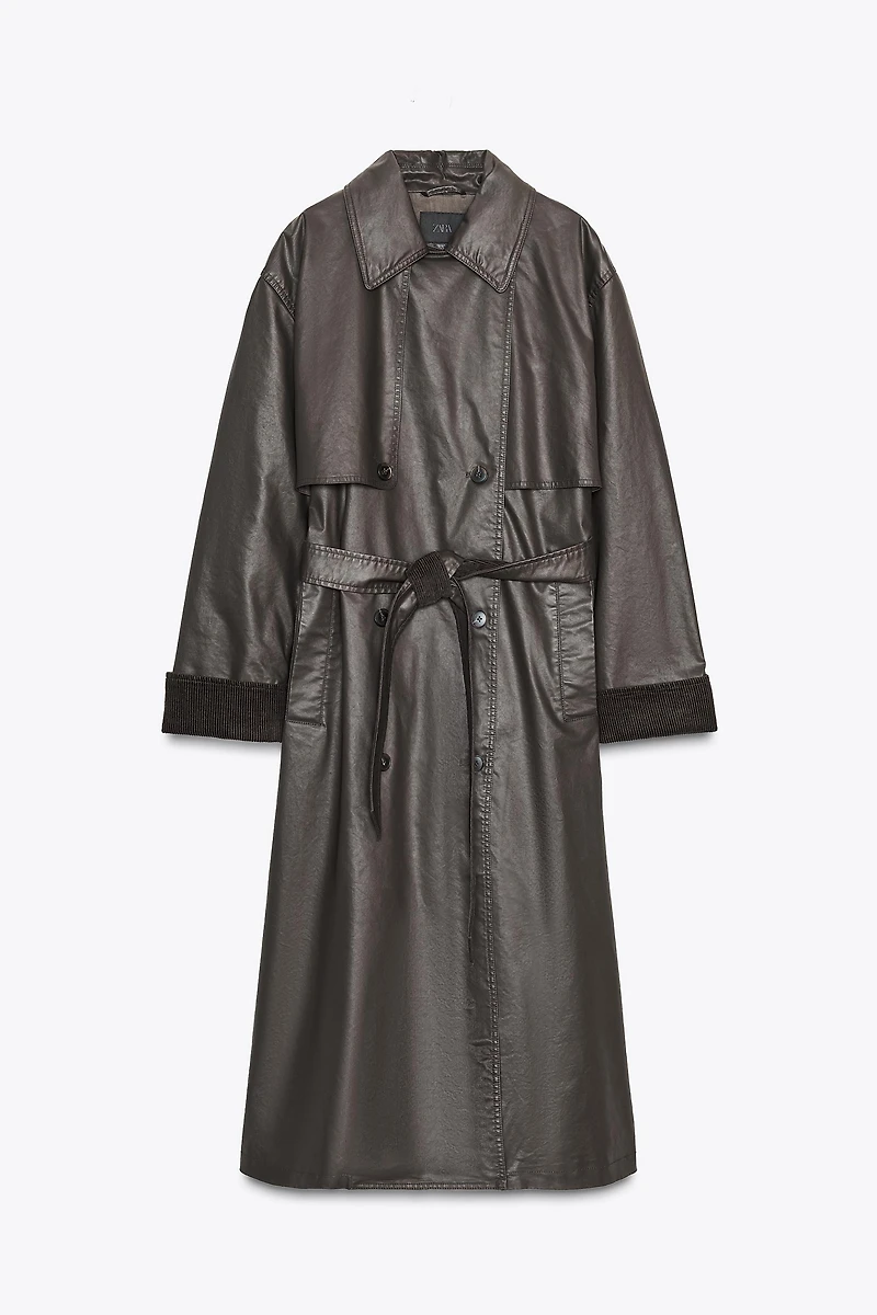LONG WAXED TRENCH COAT WITH CORDUROY CUFFS