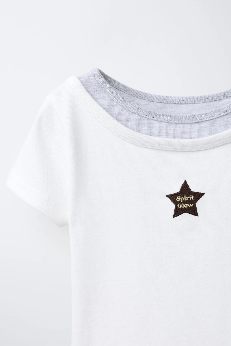 T-SHIRT DOUBLE COL ÉTOILE BRODÉE
