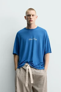 LINEN BLEND PRINTED TEXT T-SHIRT