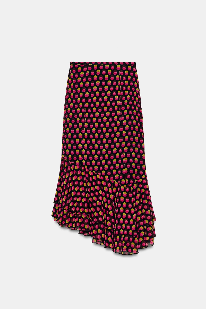 JUPE MI-LONGUE ASYMÉTRIQUE À POIS
