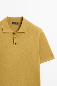Short sleeve cotton and linen knit polo shirt