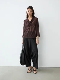 Linen blend shirt with cowl neckline